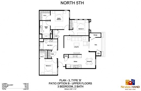 Floor plan for 3 beds, 2 baths, 1250 sqft
